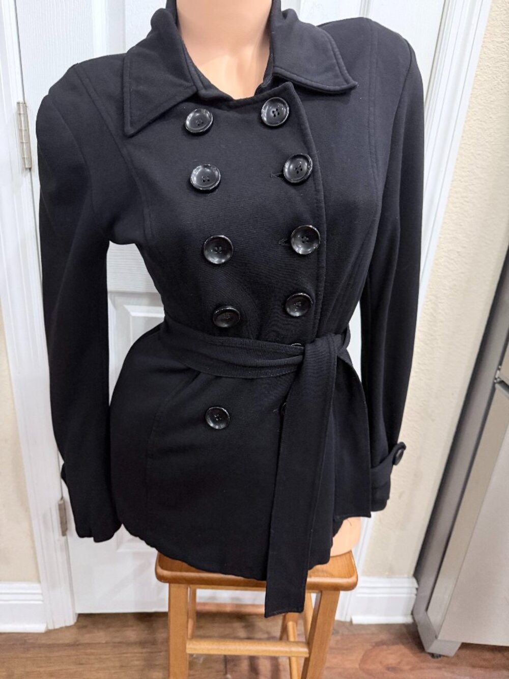 XUSS XOSS Black Double Breasted Belted Knit Peacoat Jacket Small